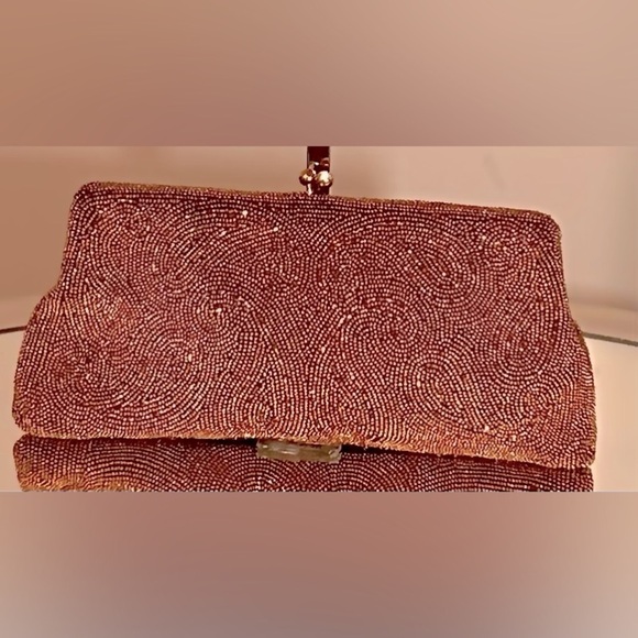 COPY - Gently Used BLOOMINGDALE’S Rust Colored Beaded Clutch W/Rhinestone/Gold … - Picture 2 of 4